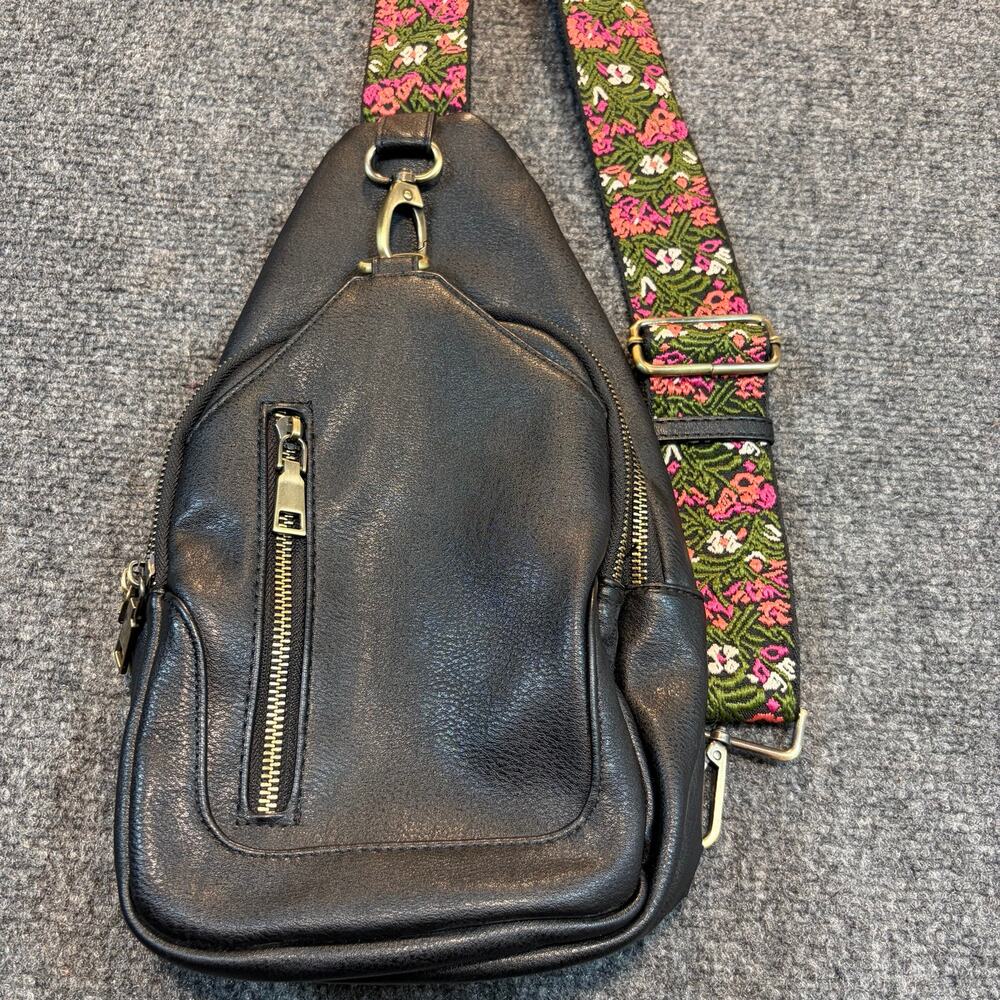 Antik Kraft Black Vegan Leather Sling Backpack Crossbody Bag Patterned Strap
